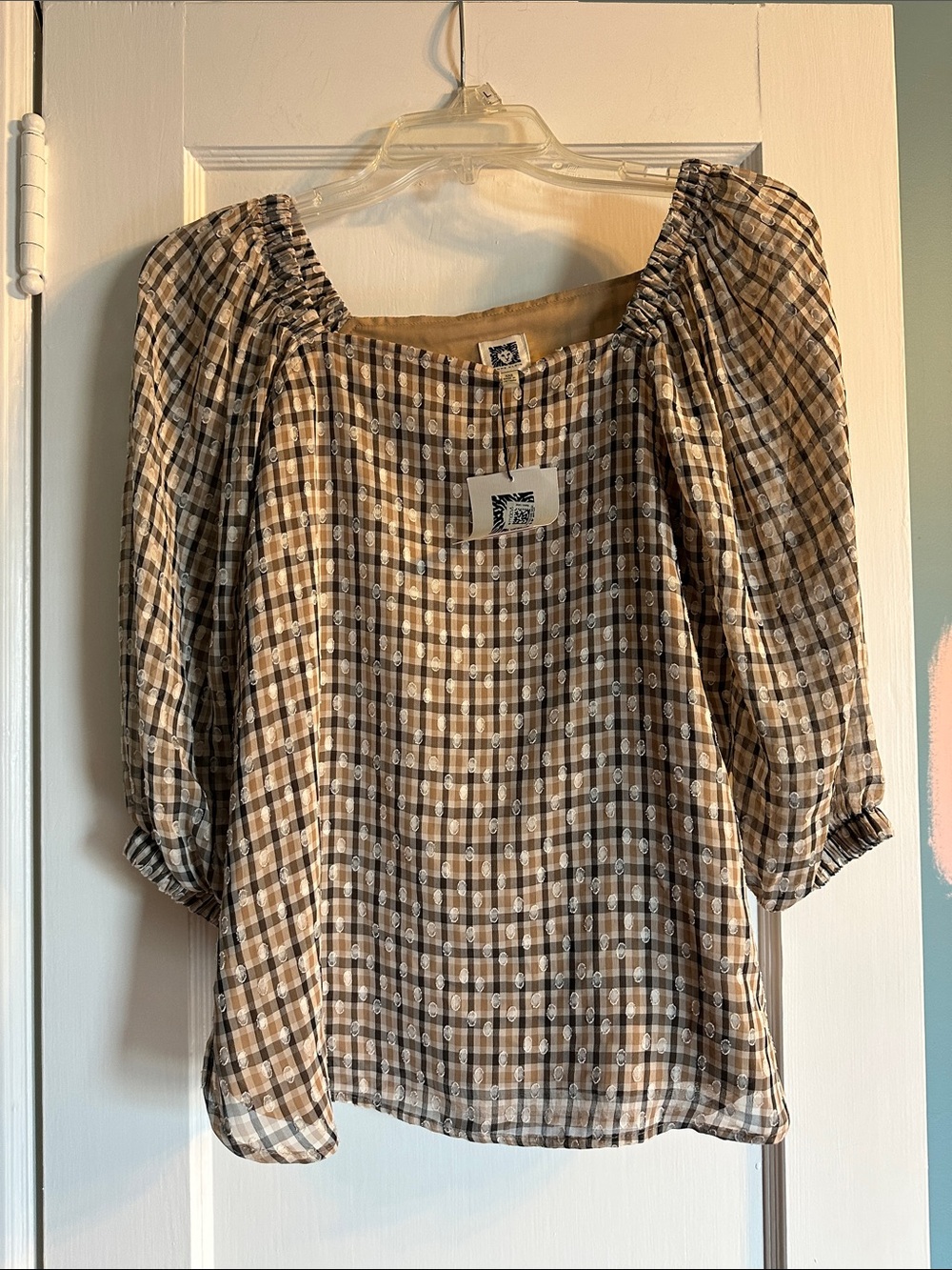 Anne Klein Brown and White Plaid Peasant Blouse